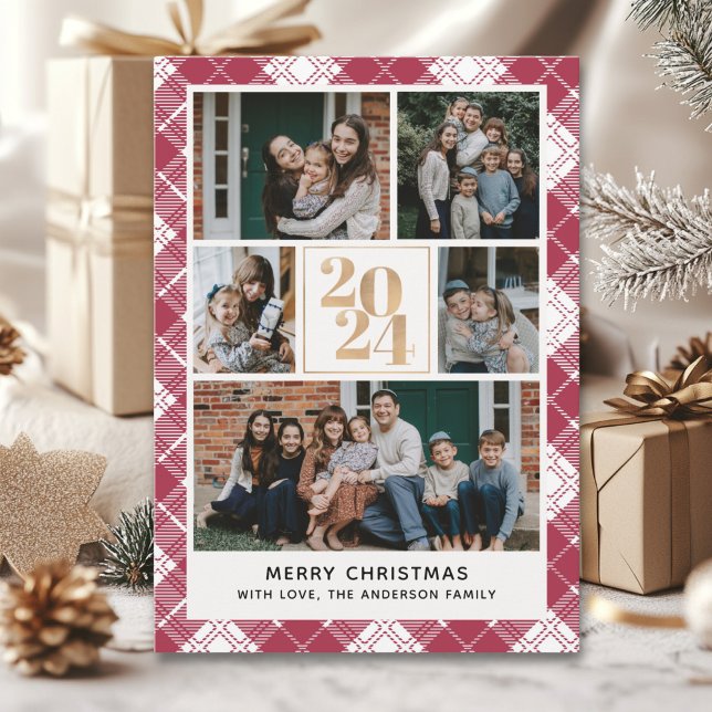 Convites Family Christmas card with 5 Photos Tartan Plaid (Criador carregado)
