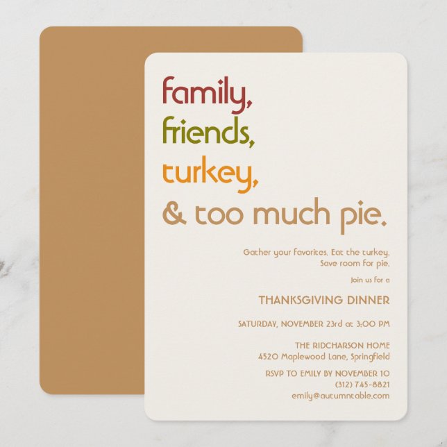 Convites Family, Friends, Turkey, Pie Modern Thanksgiving (Frente/Verso)