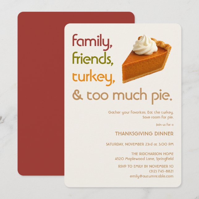 Convites Family, Friends, Turkey, Pie Modern Thanksgiving (Frente/Verso)