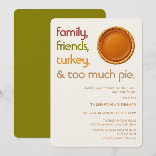 Convites Family, Friends, Turkey, Pie Modern Thanksgiving (Frente/Verso)