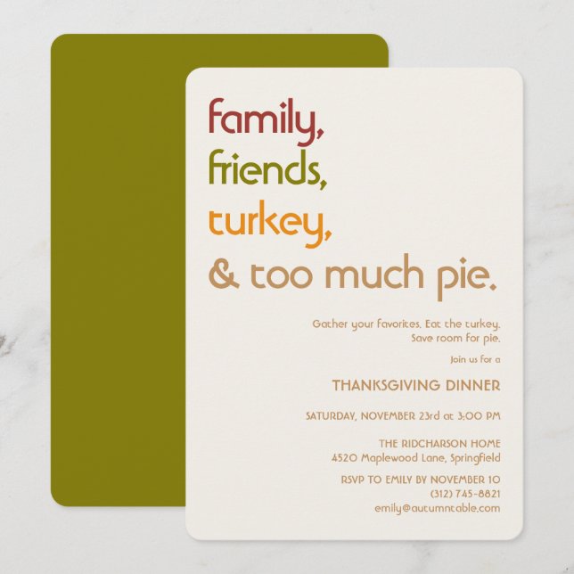 Convites Family, Friends, Turkey, Pie Modern Thanksgiving (Frente/Verso)
