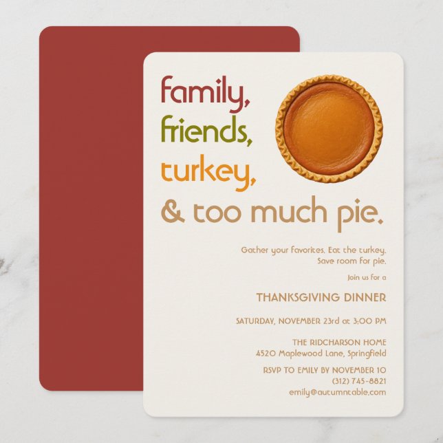 Convites Family, Friends, Turkey, Pie Modern Thanksgiving (Frente/Verso)