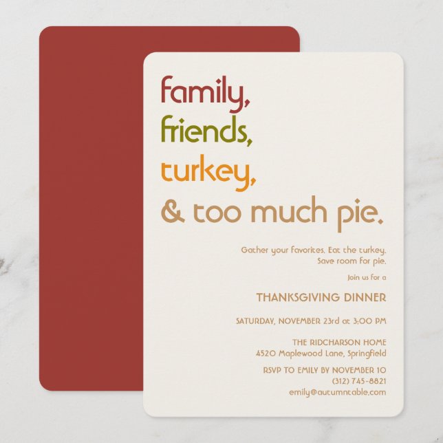 Convites Family, Friends, Turkey, Pie Modern Thanksgiving (Frente/Verso)
