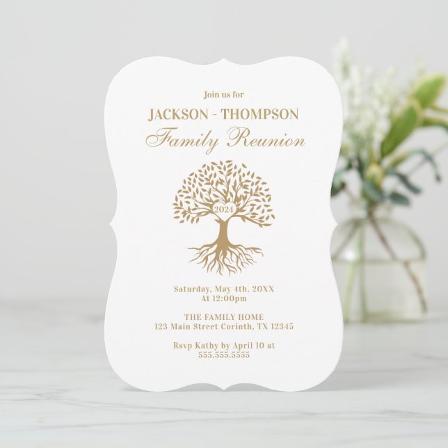 Convites Family Reunion gold and white Invitation (Em pé/Frente)