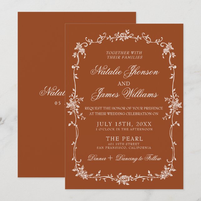 Convites Fancy Burnt Orange Floral Boho Terracotta Wedding (Frente/Verso)