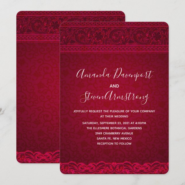Convites Fancy Elegante Casamento Abstrato Vermelho (Frente/Verso)