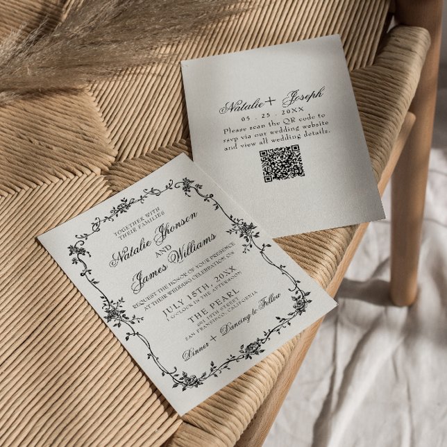 Convites Fancy Floral Black White Botanical QR Code Wedding (Criador carregado)