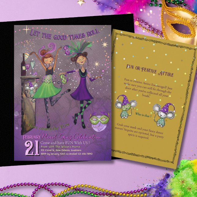 Convites Fancy Mardi Gras Dancing Girls Party Purple (Fancy Mardi Gras Dancing Girls Party Purple Invitation)