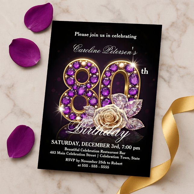 Convites Fancy Regal Rose Amethyst Gold 80th Birthday (Criador carregado)