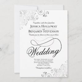 Convites Fancy Script with Flourish Silver & White Wedding