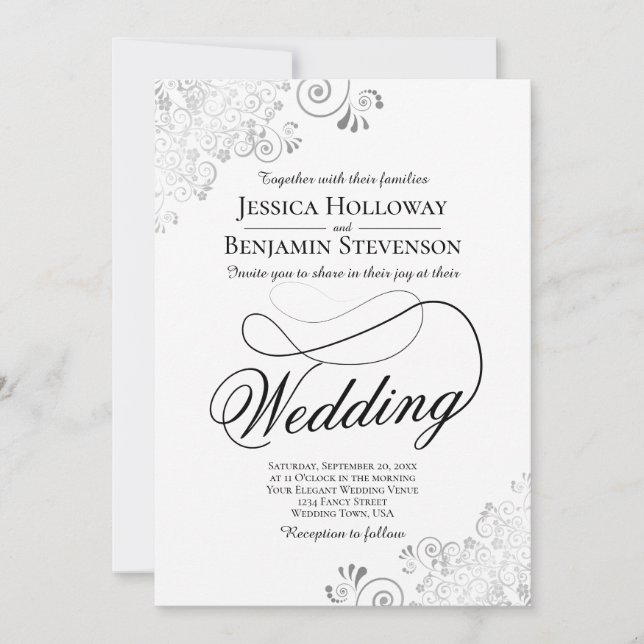 Convites Fancy Script with Flourish Silver & White Wedding (Frente)