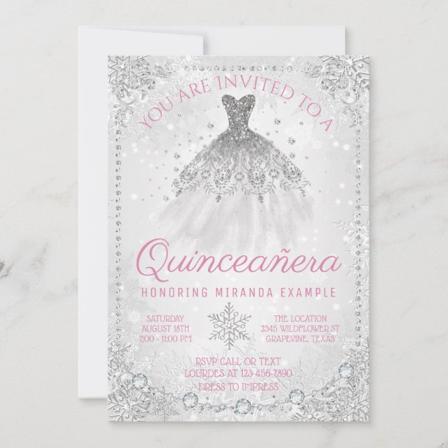 Convites Fancy Winter Wonderland Floco de Neve Quinceanera (Frente)