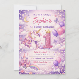 Convites Fantacy Magical Unicorn 1st Birthday