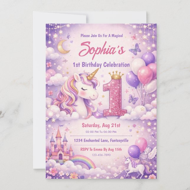Convites Fantacy Magical Unicorn 1st Birthday (Frente)