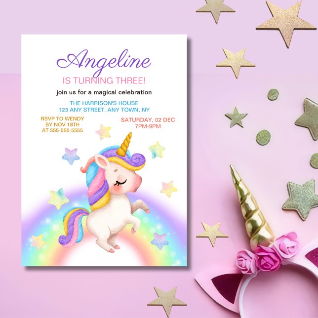 Convites Fantasia Arco-íris Estrelas Unicórnio Menina Anive (Criador carregado)