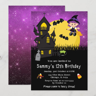 Convites Fantasia de Halloween Aniversário Bruxa Roxa