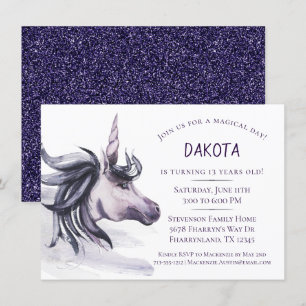 Convites Fantasia de Unicórnio   Aniversário Roxo Mágico
