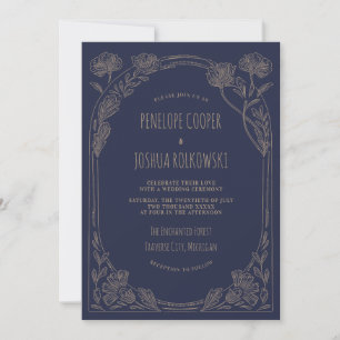 Convites Fantasia Floral Azul Marinho Dourado Casamento Enc