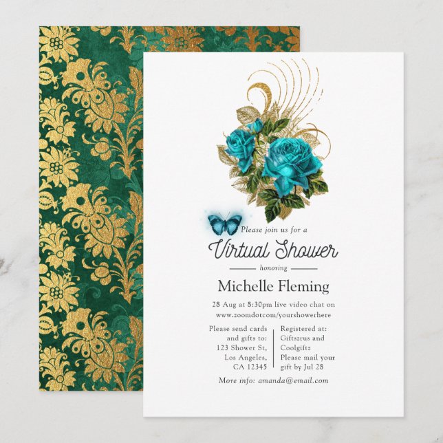 Convites Fantasia Turquesa e Dourado Chá Virtual (Frente/Verso)