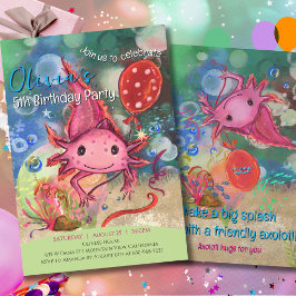 Convites Fantasioso Axolote Rosa Aquarela Crianças Fofo
