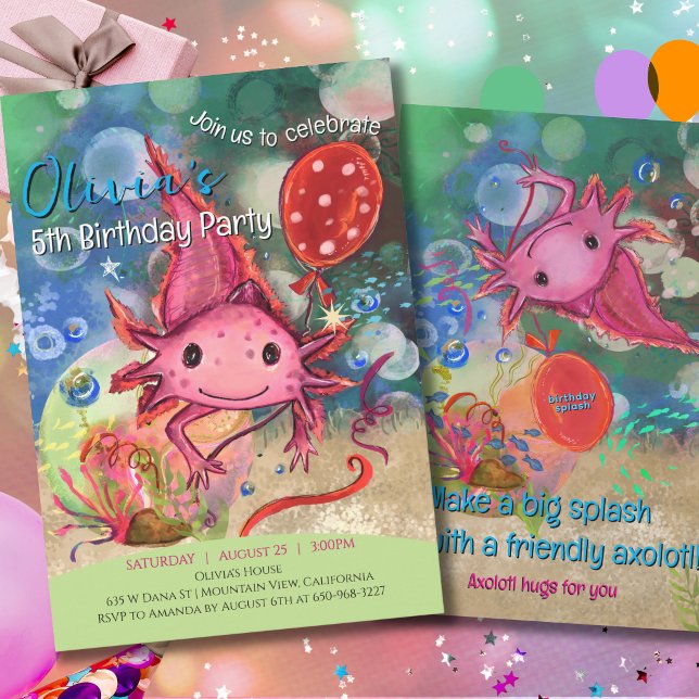 Convites Fantasioso Axolote Rosa Aquarela Crianças Fofo (Whimsical Watercolor Pink Axolotl Cute Kids Invitation)