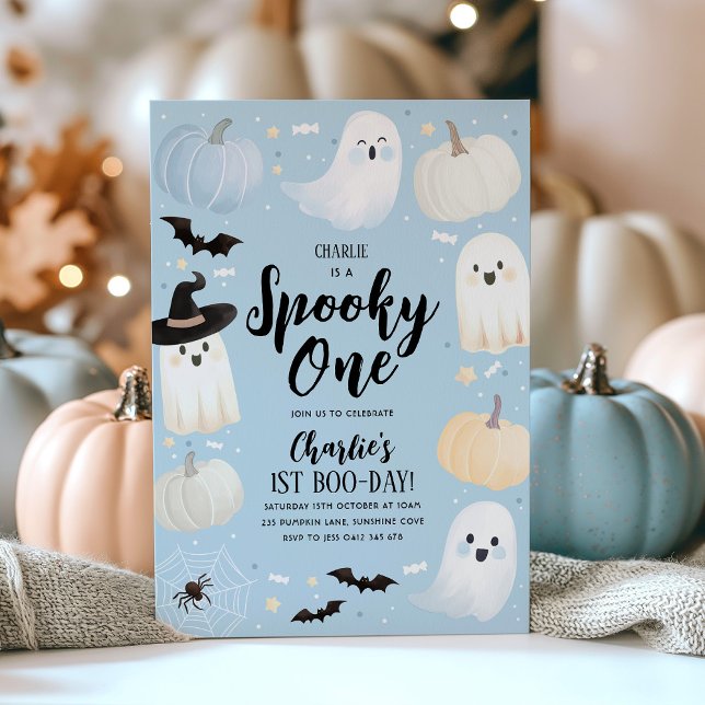 Convites Fantasma Azul do primeiro aniversario de Dia das B (Spooky One Boy's 1st Birthday | Halloween themed birthday invitation in blue)