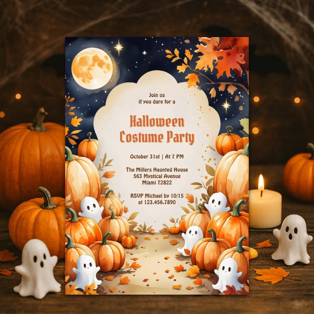 Convites Fantasma Bonita e Crianças de Abóbora Festa de Fig (Cute Ghost & Pumpkin Kids Halloween Costume Party Invitation Spooky-Cute Full Moon Night)
