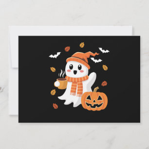 Convites Fantasma Bonito Bebendo Café com Gelo no Halloween