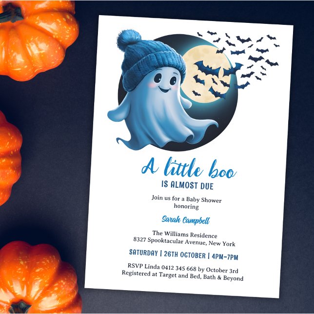 Convites Fantasma Bonito Um Pequeno Chá de fraldas De Hallo (Cute Ghost A Little Boo Is Almost Due Blue Halloween-Themed Boy Baby Shower Invitation)