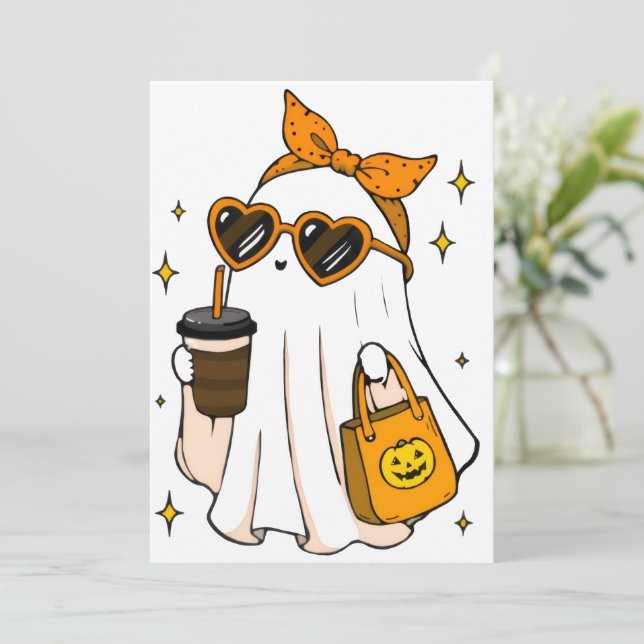 Convites Fantasma da Temporada Assustadora Fofa com Café Ge (Em pé/Frente)