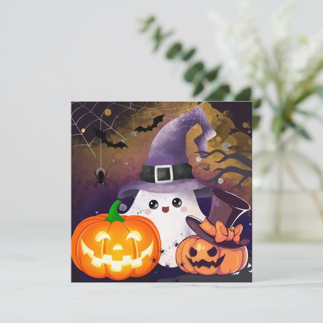 Convites Fantasma de Halloween Fofo com Chapéu de Bruxa e A (Em pé/Frente)