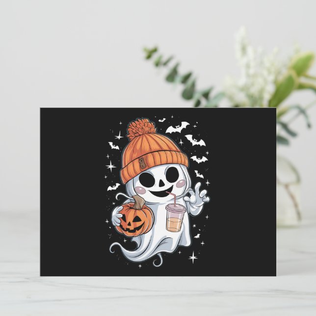 Convites Fantasma Fofo Bebendo Café Halloween Café Gelado (Em pé/Frente)