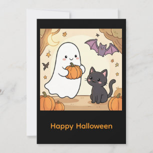 Convites Fantasma Kawaii Assustador Diversão com Gato Preto