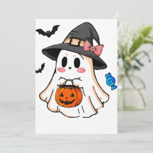Convites Fantasma Kawaii de Halloween Fofo em Chapéu de Bru