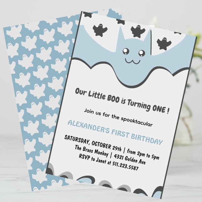 Convites Fantasma Morcego Voador Pequeno Boo Aniversário de (Halloween-1st-Birthday-Invitation-Ghost-Flying-bat-Little-boo-blue-1)