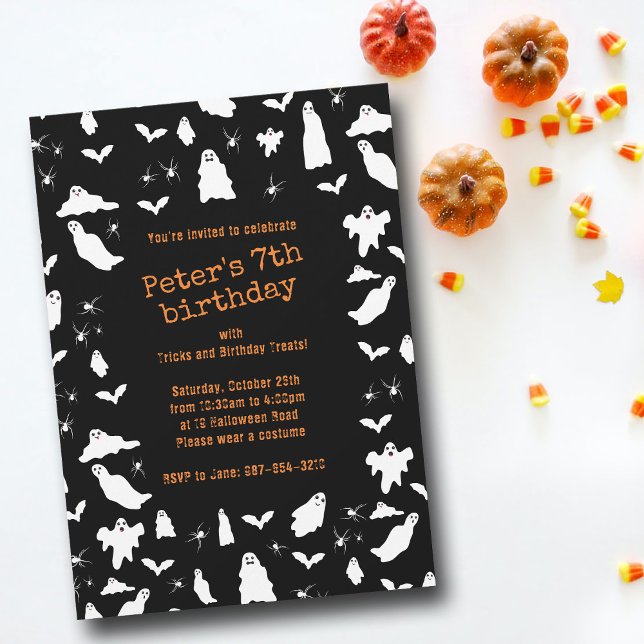 Convites Fantasma, Morcegos e Aranhas no Aniversário do Dia (Cute Ghost, Bats & Spiders Halloween Birthday Invitation)