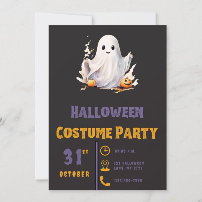 Convites Fantasma Super Fofo Moderno Preto Halloween (Frente)