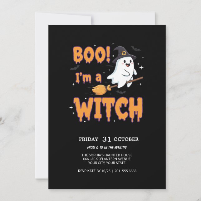 Convites Fantasma Voando na Broom Spooky Party Card (Frente)