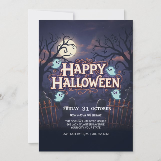 Convites Fantasma Voando na Broom Spooky Party Card (Frente)
