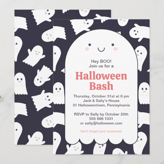 Convites Fantasmas Adoráveis Halloween Bash Personalizados (Frente/Verso)