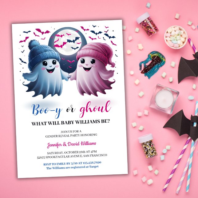 Convites Fantasmas bonitos Boo-y ou Ghoul Halloween Revelaç (Cute Ghosts Boo-y or Ghoul Halloween Gender Reveal Invitation)