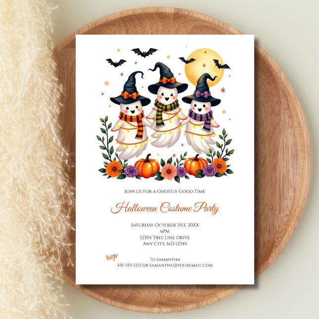 Convites Fantasmas bonitos Flores Pumpkins Bats Halloween (Cute Ghosts Halloween Party Invitation for kids and adults. All fields are editable)