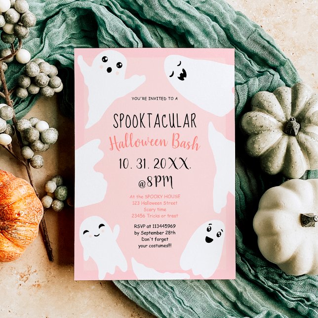 Convites Fantasmas brancos, bonitos, pastosos, cor-de-rosa, (Cute white ghosts pastel pink Halloween bash Invitation)