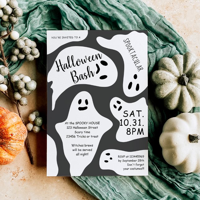 Convites Fantasmas brancos e bonitos forma cinza de Hallowe (Cute white ghosts gray shape Halloween bash Invitation)