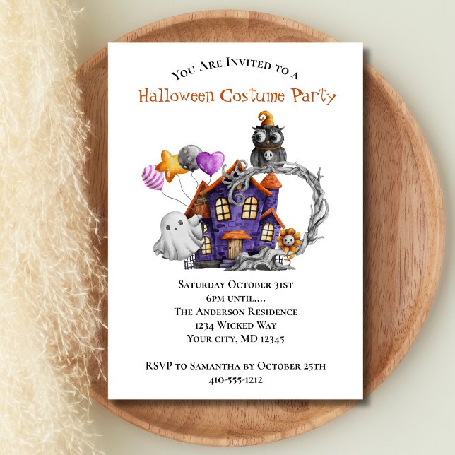 Convites Fantasmas de Casa Assombrada Balão de Coruja Festa (Halloween Party Haunted House Ghost Owl Invitation. Printed or instant digital download)