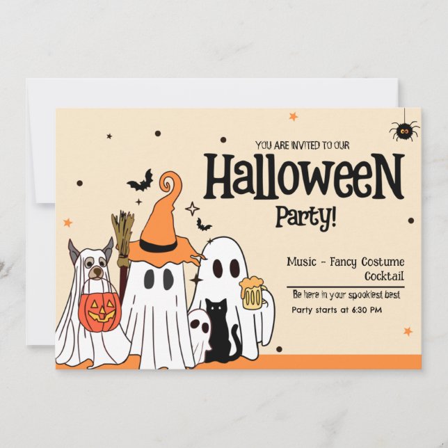 Convites Fantasmas Fofos e Tema de Pets Halloween Amigável  (Frente)