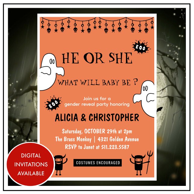 Convites Fantasmas Laranja Outubro de Halloween revelam gên (Ghosts-Orange-October-Halloween-gender-reveal-Invitation-1)