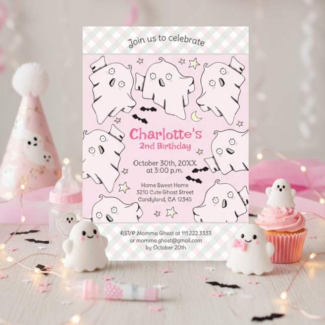Convites Fantasmas Rosa Bonitos Crianças de Halloween Anive (Cute Spooky Ghosts Pink Birthday Invitation for Baby Girl. Pink Ghosts, Stars & Cute Gingham Pattern)