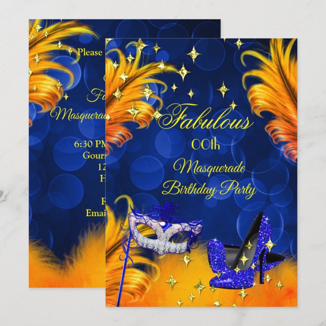 Convites Fantástica Festa de Aniversário com Máscaras Azul  (Frente/Verso)