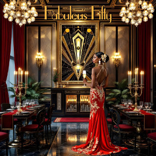 Convites Fantástica Mulher Art déco Afro-Americana Vermelha